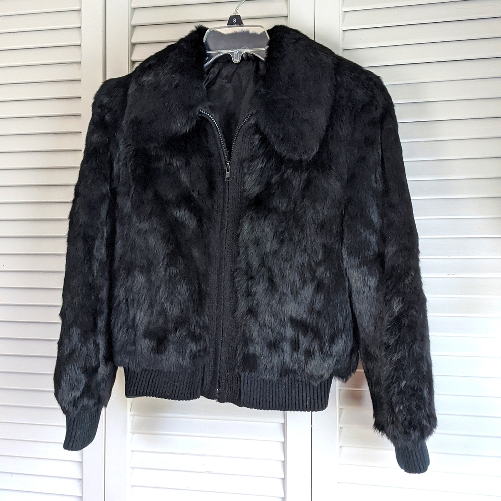 Vintage Black Rabbit Fur Bomber Jacket